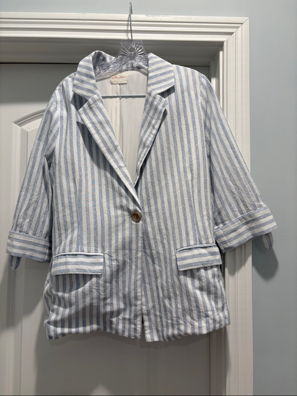 Striped Light Blue & White Linen-Blend Women's Blazer